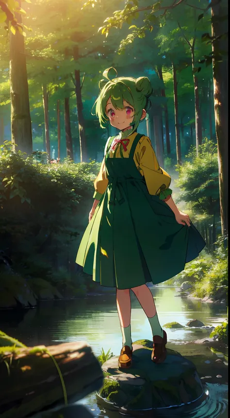 One girl、Bun hair、Twin-tailed、Double knot、Green hair、sano、Laugh、A smile、in woods、stump、to stand、masterpiece、top-quality、Top image quality、cute little、Pink eyes、morning、the woods、Yellow-green dress、Ribbon on the back