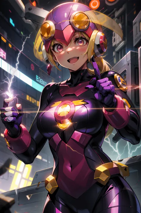 masutepiece,best quality,1girl in,roll_...exe_megamanbn,(helmets),blonde hair,long hair,leotard,pink eyes,purple bodysuit,body s...