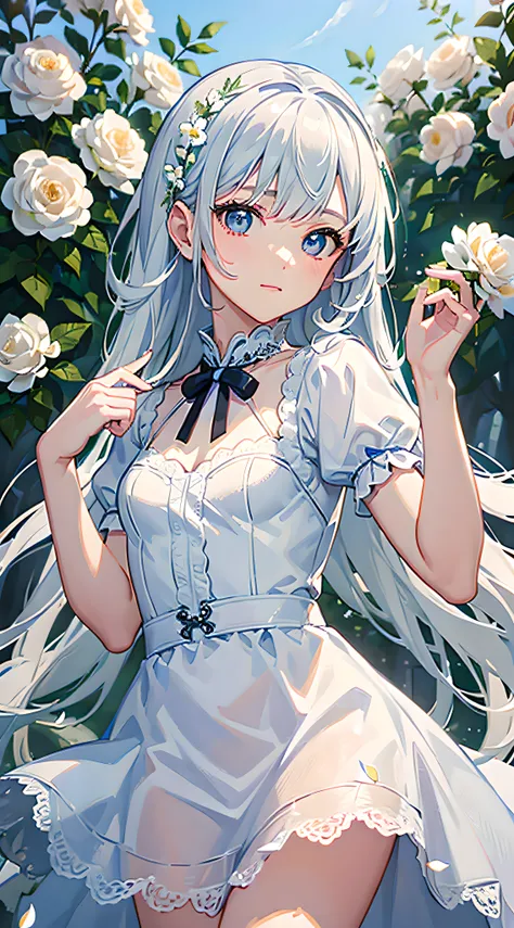 (masterpiece, best quality:1.6), white lace dress, cowboy shot, thighs, beautiful girl, (flowers, many small white petals:1.3), garden, blue sky, looking at viewer, small waist, official art, raw photo, incredibly absurdres, facelight, dynamic lighting, ci...