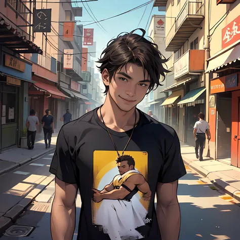 camiseta color negro con dorado camiseta ajustada al cuertpo ultra realista, 16-year-old boy with brown cinnamon skin, cuerpo atletico tonificado cabello liso,masculino serio pensativo observador tiene el dorso desnudo camiseta negra ajustada al cuerpo sin...