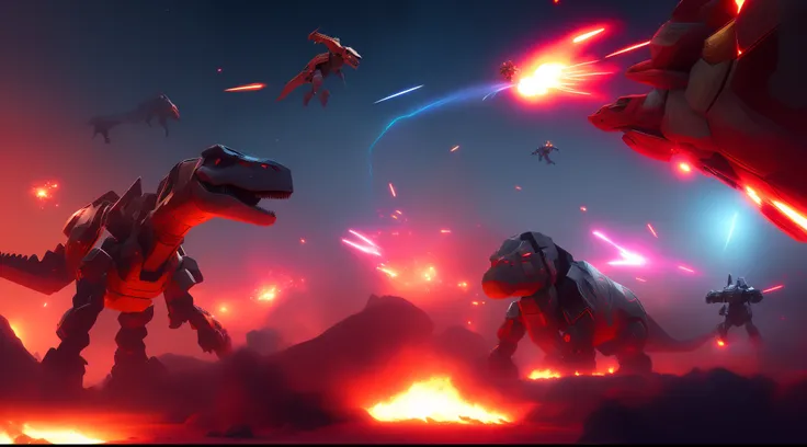 Mecha dinosaur battle against ancient alien monsters,Monsters spray red flames to attack mech space,The place of the battle is the city at night, 2K, Detailed , Digital art, Uptrend, Disney , by Pixar