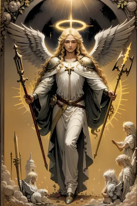 tarot card, the archangel michael, angel, blonde long hair, wings, staff, halo