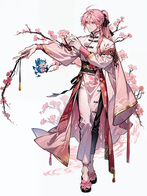 a close up of a person in a pink dress holding a shuriken, flowing hair , ((ponytail)) and ((long slit robes)), full body xianxi...