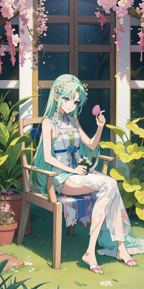 anime girl sitting on chair with flower pot in hand, cute anime huaifu in beautiful clothes, beautiful and seductive anime woman...