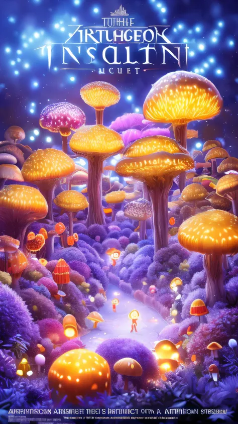 an underground labyrinth illuminated by a cinematic glow, inhabited by fireflies and crawling ants. vibrant and detailed mushroo...