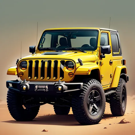 there is a yellow jeep with a black top and a black roof, mahindra thal, digital painted, jeep, jeep wrangler, vehicle illustrat...