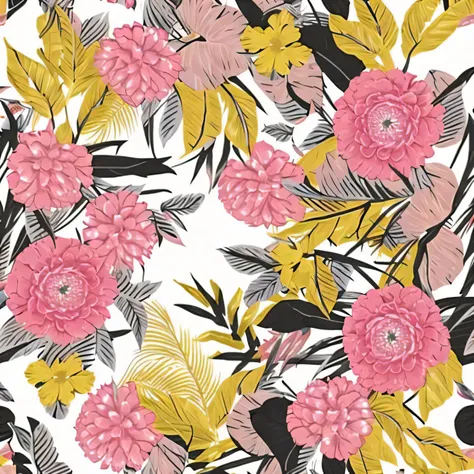 a yellow and pink pattern with flowers on white background