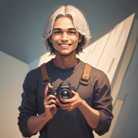 uma imagem de um homem jovem, com cabelos escuros e olhos expressivos, smiling casually. he's holding a camera in his hands, sho...