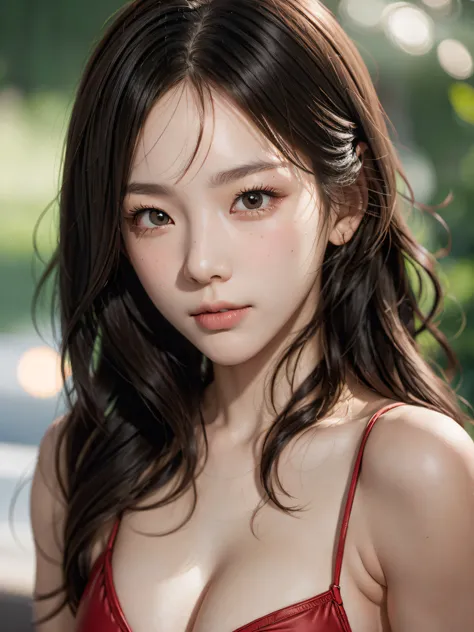 film portrait photography, 1girl, red swimsuit, denim short, medium breast, wavy shoulder-length hair, serene, calm, (realistic detailed eyes, natural skin texture, realistic face details), soft dramatic lighting, depth of field, bokeh, vibrant details, fi...