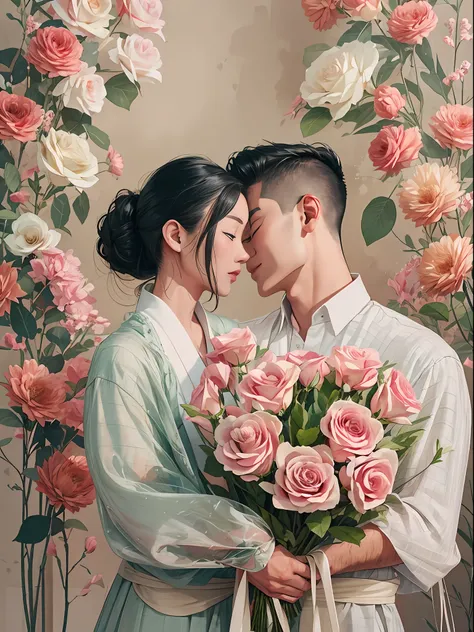 an asian couple in love leaning together，put together a beautifully wrapped bouquet of roses，clean backdrop