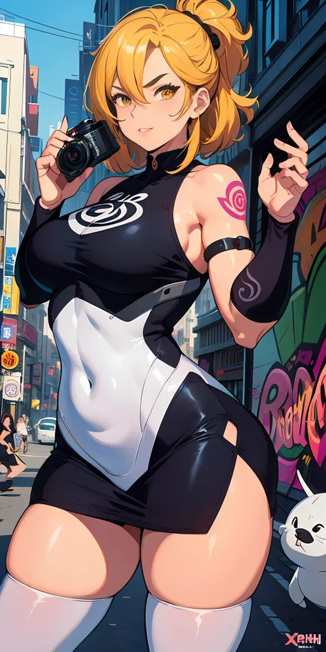 :: estilo comix Joe Madureira ::2.9 Estilo ::2.0 comix illustration style ,Digital illustration of beautiful female character in drawing style illustrator Toh-Yasu, Estilo anime, Body with futuristic designs tribal tattoo style in dragon shape, Serious guy...