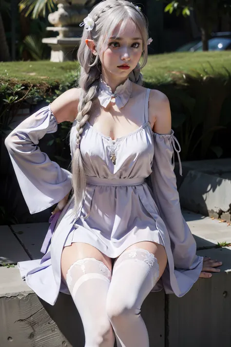 1girl, solo, Emilia, emilia_(re:zero), long hair, silver hair, blunt bangs, braid, hair ornament, hair flower, hair ribbon, purple ribbon, purple eyes, blush, low-tied long hair, elf, dress, bare shoulders, detached sleeves, wide sleeves, cleavage, pleated...