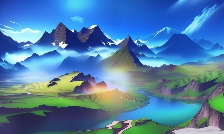 Screenshot of mountains with rivers and waterfalls, in game style 8k, highly detailed environments, Beautiful environment, epic landscapes, 3 d virtual landscape painting, ultra wide gameplay screenshot, realism in style of fornite game, ( ( illusory engin...