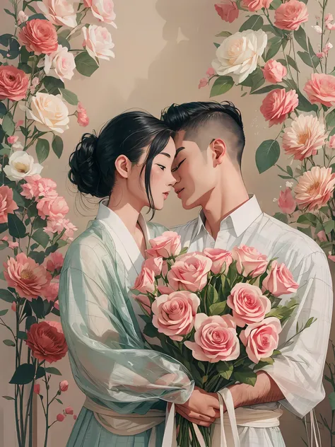 an asian couple in love leaning together，put together a beautifully wrapped bouquet of roses，clean backdrop