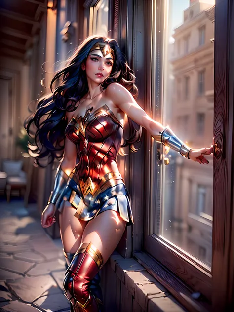 (masterpiece, high resolucion, realistis:1.4), (it depicts a stunning wonder woman leaning against a window on the top floor of ...