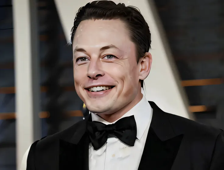 close up of man in tuxedo smiling at camera, elon musk, black elon mask, exotic alien elon musk, elon musk as a cyborg, portrait...