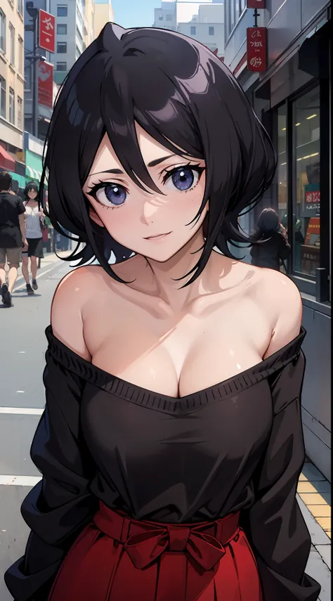 Off-the-shoulder attire,Be red in the face,looks into camera,The upper part of the body,Black color hair,ssmile,City streets,little breast,cleavage