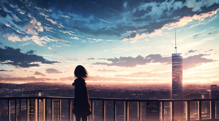 anime,silhouette,1girl, star (sky), cloud, cityscape, building, city, outdoors, skyscraper, city lights, night, night sky, sunse...