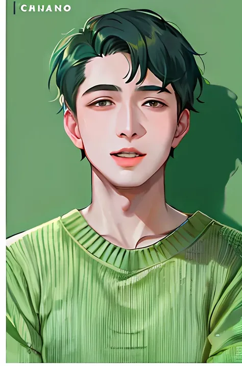 Close-up of a person in a green sweater and hairstyle, ruan jia beautiful!, yanjun cheng, jung jaehyun, By Ni Tian, inspired by Ding Yunpeng, inspired by Wuzhun Shifan, Inspired by Ding Guanpeng, author:Cheng Jiasui, bian luan, hyung tae, jin shan, author:...