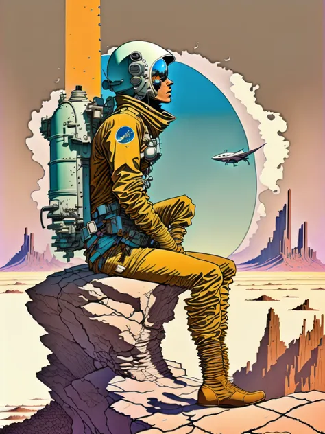 a painting of a astronaut in space suit, sitting on a cliff with a spaceship in the background by moebius jean giraud