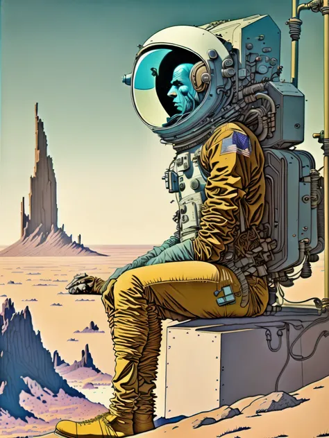 a painting of a Astronaut in Space Suit, sitting on a cliff with a spaceship in the background by Moebius Jean Giraud