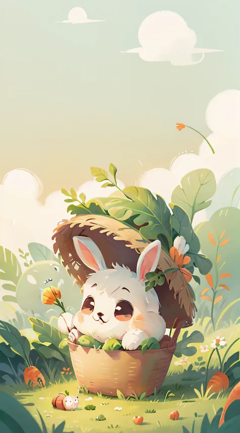 Fresh and simple illustration style, Cute little bunny, Background of green leafy grass, White clouds float in the sky, The little rabbit narrowed his smiling eyes into a line, It carried a basket full of fresh carrots。