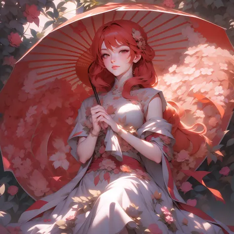 anime girl with red hair and a red dress holding a red umbrella, pixiv contest winner, by shitao, korean art nouveau anime, a be...