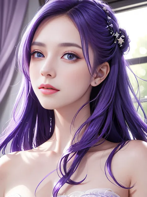 A girl in a purple wedding dress,The wedding dress is dignified,star-kafka,PureErosFace,Moderate breathing,Blue-purple hair,detailed hairs,bluish violet eyes,sharp sharp eyes,Natural soft light,The light from the back window is backlighted,Fantastic backgr...