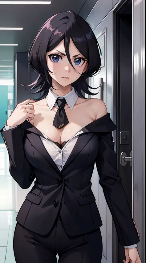 Off-the-shoulder attire,looks into camera,The upper part of the body,Black color hair,Serious,cleavage,Business suits,Elevator room