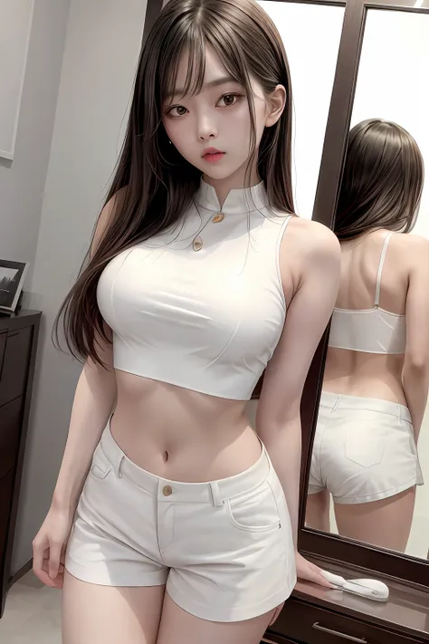 There was a woman in front of the mirror, Her navel was exposed, smooth white tight clothes suit, Bra and shorts streetwear, 2 4 year old female model, wearing sexy cropped top, dressed in a top and shorts, Open V chest clothes, Chinese girl, The chest is ...