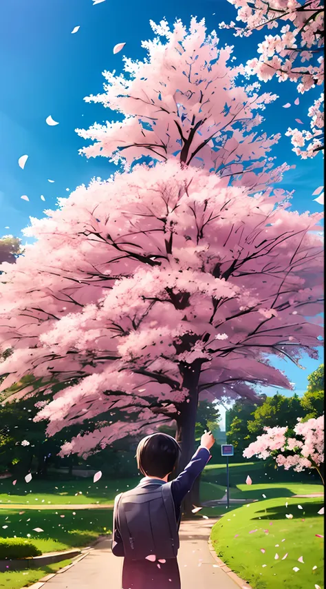 upper body, vista, one boy and one girl, back-to-back, student uniform, smile, cherry blossoms, petals, sky, campus --auto