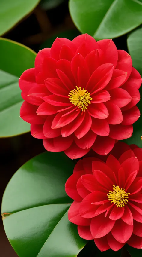 blooming red camellia, dewdrops, close-up shot, background suzhou garden, ultra hd, ultra-real, photorealistic effects, masterpi...