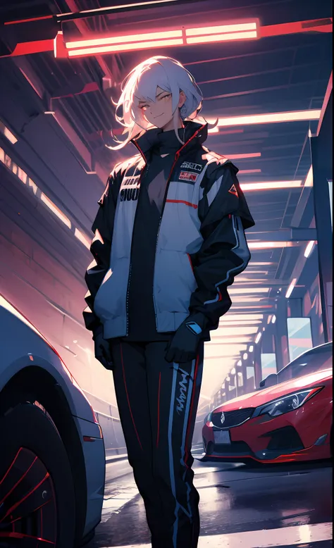 masterpiece, best quality, leaning against car, underground street racing, oversized racing jacket, racing gloves, oversized clo...