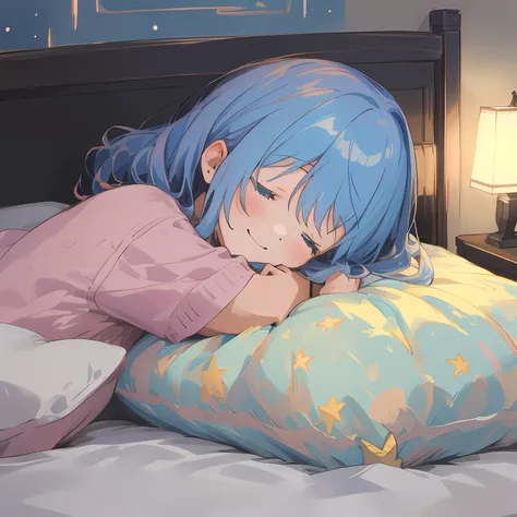 best qualtiy， tmasterpiece， illustratio， ultra - detailed，1 girl sleeps with her eyes closed，ssmile，bedrooms，lights that go out，...