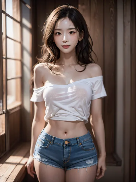 film photography, 1girl, t-shirt, denim shorts, standing, seductive smile, medium breast, full body, drunk blush:1.5, black wavy shoulder-length hair, serene, calm, (realistic detailed eyes, natural skin texture, realistic face details), soft dramatic ligh...