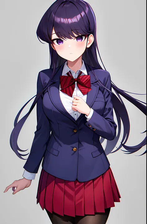 komi shouko, 1girl, bangs, black pantyhose, blazer, blue jacket, blush, bow, bowtie, breasts, closed mouth, collared shirt, commission, cowboy shot, diagonal-striped skirt, expressionless, grey background, highres, jacket, (komi-san wa komyushou desu), lon...