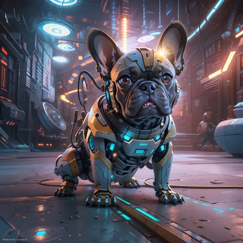 french bulldog, robotization of the whole body except for the face, robot fiber optic blade, led around the eyes, clear mecha pl...