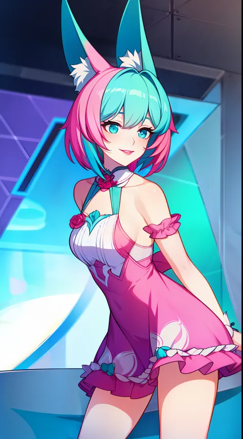 Adult woman, short pink hair, Fox ears, Cyan eyes, Fox tails, form fitting dress, open shoulders, pink lipstick, ssmile, Masterpiece, hiquality