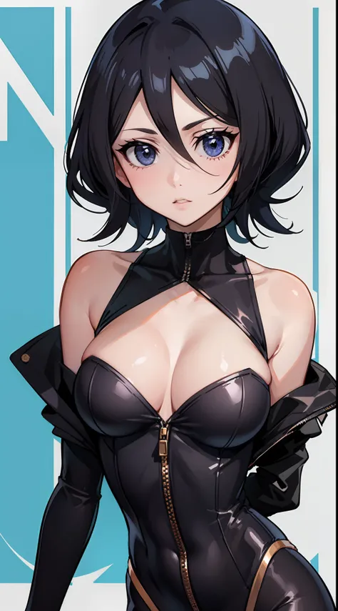 Off-the-shoulder attire,looks into camera,The upper part of the body,Black color hair,cleavage,tightsuit