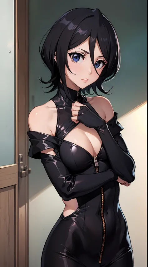 Off-the-shoulder attire,looks into camera,The upper part of the body,Black color hair,cleavage,tightsuit