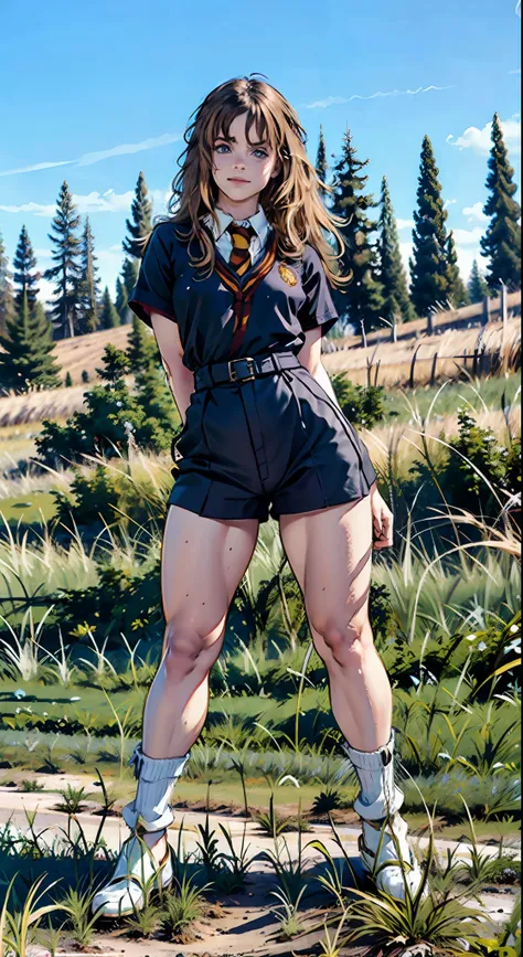 Hermione em uma roupa curta posando para uma foto, bunda grande, coxas grossas, massive legs towering over you, pernas grossas, full body in sight, coxas expostas!!!, thicc, cute face with arms and legs, roupa apertada, imagem de corpo inteiro, tiro de com...