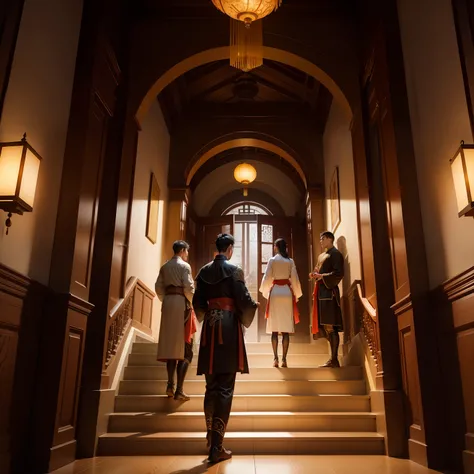 Chinese Ancient Times，At the entrance of the staircase outside the hall，Several young men and women were standing，    They wore robes，Most people have blades on their backs or waists，A faint glow circulates on the weapon