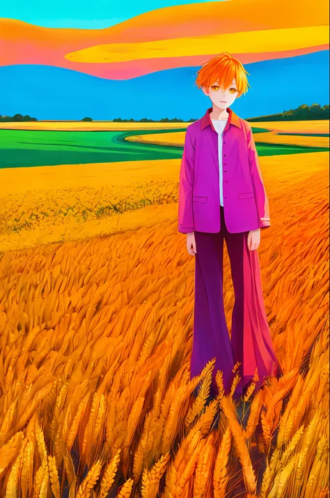 a color, limited palette, colorful, scenery, wheat field, orange hair, gold eyes, sunset,1boys