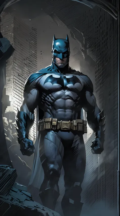 1 man, solo, ben affleck as batman, tall, hunk, muscular, bulk, wide shoulder, photorealism, dark dirty grey suit, dark grey arm...