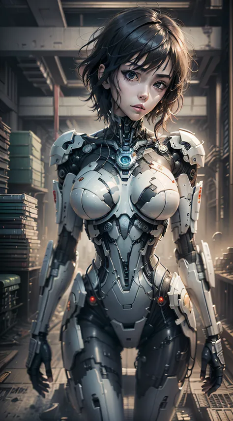 ghost in the shell kusanagi corpo escultural, numa maquina com cabos e fios ligados, uniforme mecha do futuro, modern robot fact...