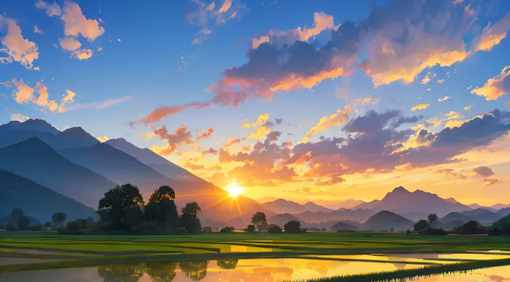 a paddy field, with mountain in the background, sunrise, landscape, immersive