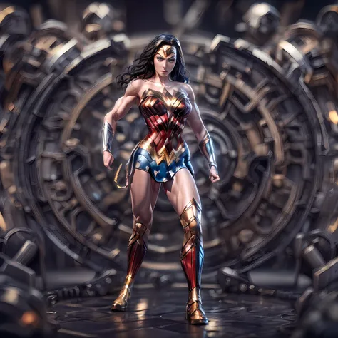 (Tilt-Shift:1.4),Mechanical style,Gold Theme,(1 mechanical female wonder woman ,anatomically correct,full body, ,wonder woman uniform, muscular, toned body, standing,circular base),Black and white background, (3D render,Best quality, high detailed, Masterp...