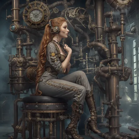 (photo, photorealistic:1.37), one girl, full body, sitting on a chair, shot from side, profile, slow motion, female steampunk en...