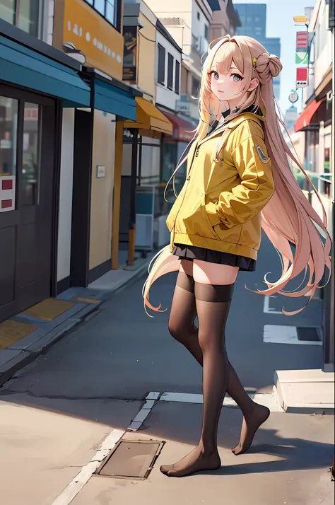 tmasterpiece，best qualtiy，a high resolution，iono1，1girll，long whitr hair，yellow jacket，street corner，black lence stockings，no sh...