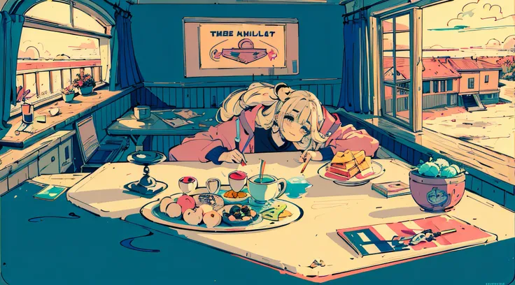 (Masterpiece:1.5, Best quality:1.5), ((vaporwave style, partially colored)), Close-up, From above, Movie Angle, (((vanilla))),
1girll, Solo, Cute smile, (Hold a vanilla ice cream), jeweled accents, Long_Hair, At the ice cream parlor, The doll is a mess, I...
